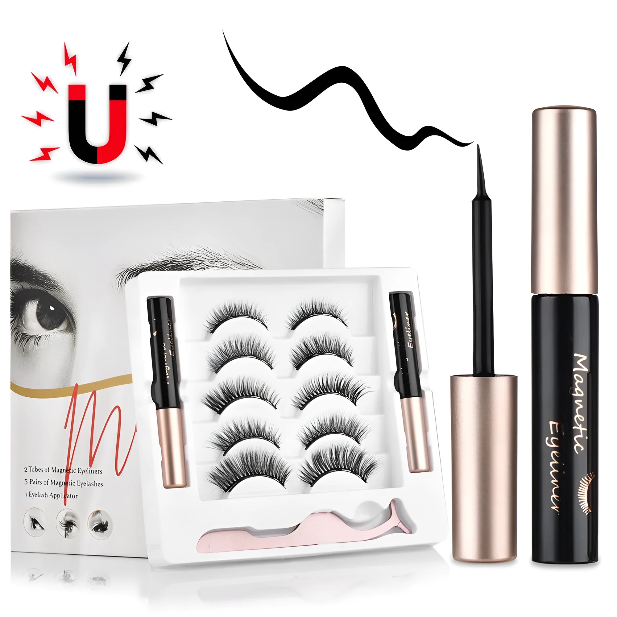 Magnetic false eyelashes set with 5 pairs of handcrafted imported fiber lashes and 2 mascara tubes in packaging