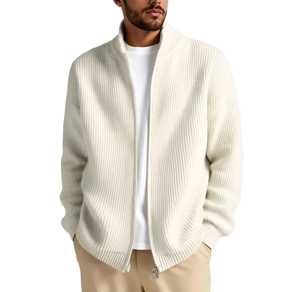 Men's loose-fit cardigan sweater coat in a grey colour, shown as a casual base layer.