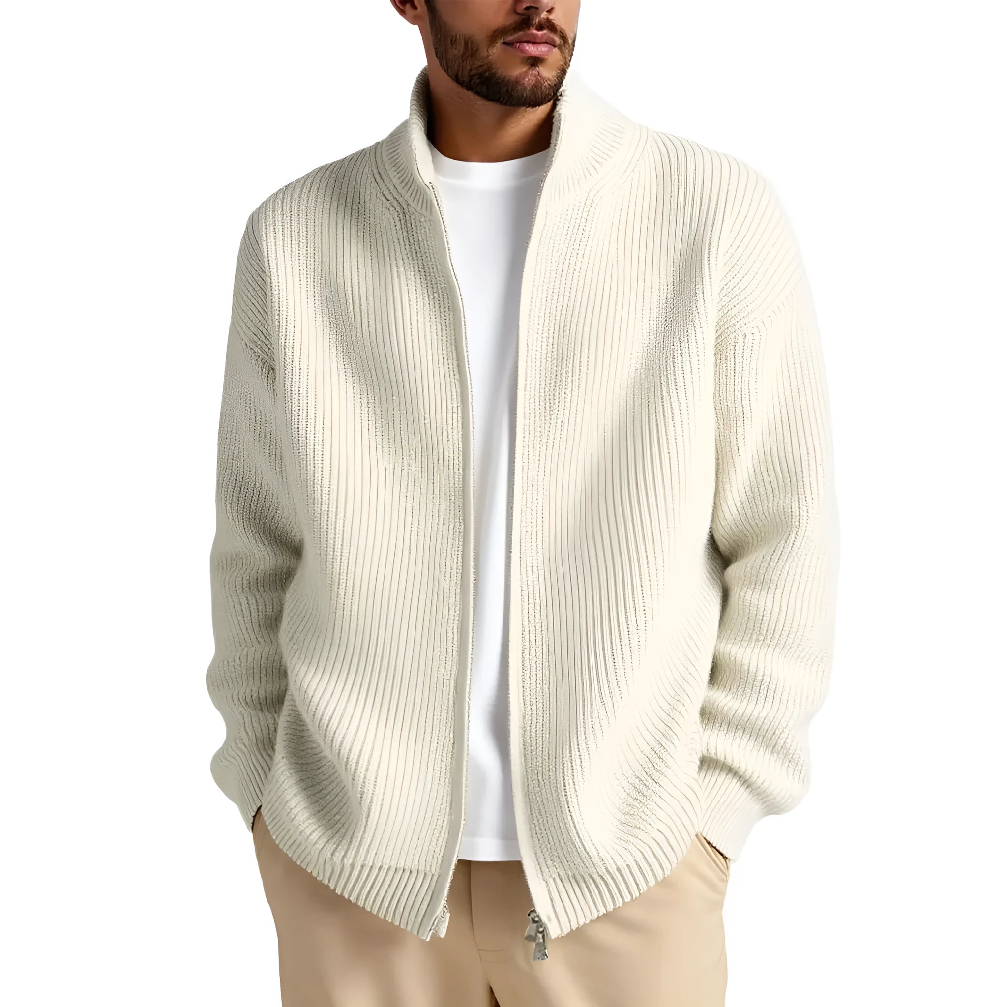 Men's loose-fit cardigan sweater coat in a grey colour, shown as a casual base layer.