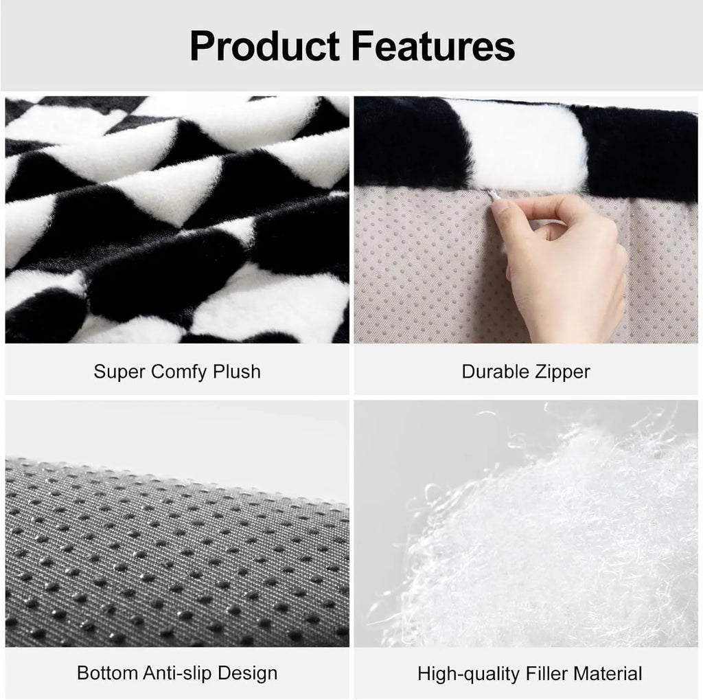 Fluffy cat couch bed in black and white with raised sides and non-slip base for cats and small dogs