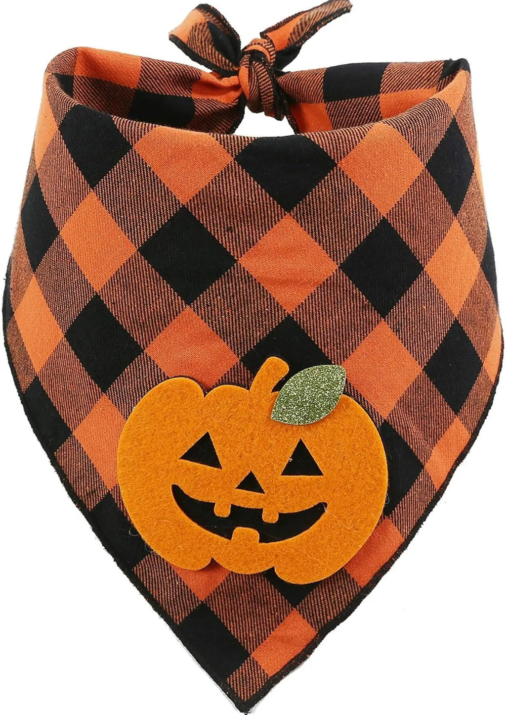 Orange and white Halloween dog plaid bandana with pumpkin and skeleton appliqués