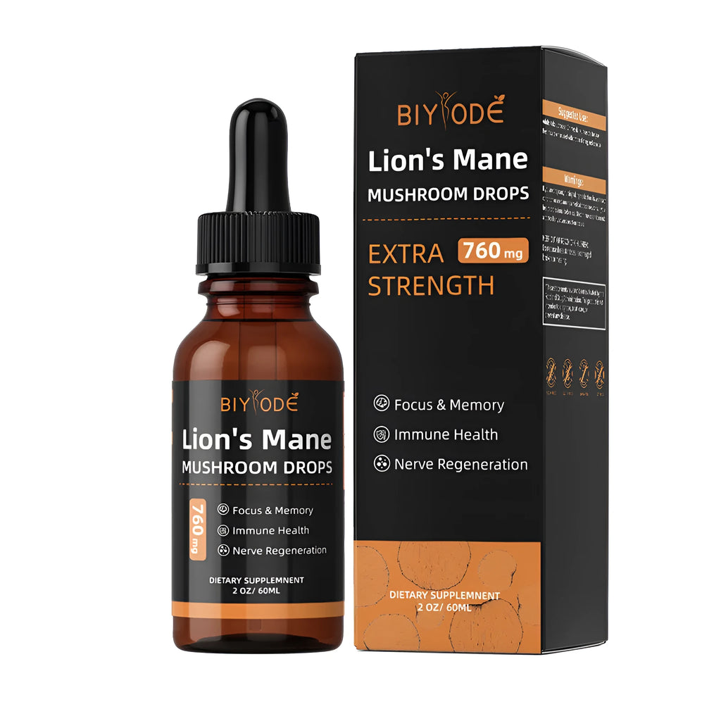 Bottle of organic Lions Mane mushroom extract liquid drops with dropper