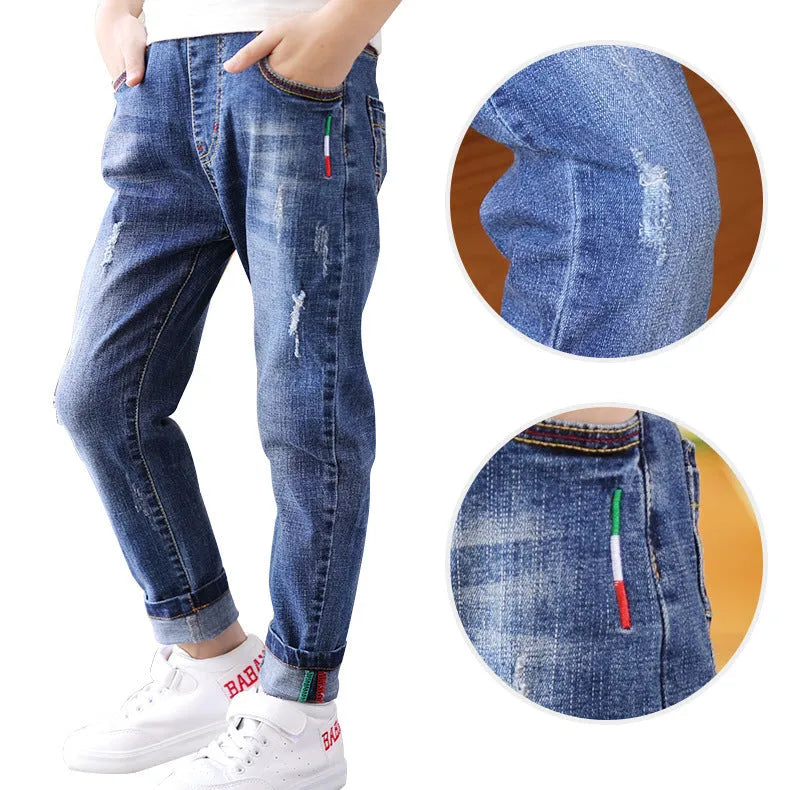 Boys' denim trousers mid-waist blue cotton trousers for children 110-160cm