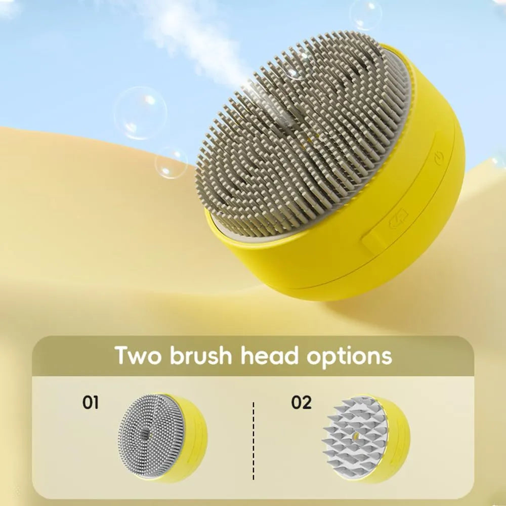 Green and yellow rechargeable cat dog steam brush with silicone bristles for pet grooming