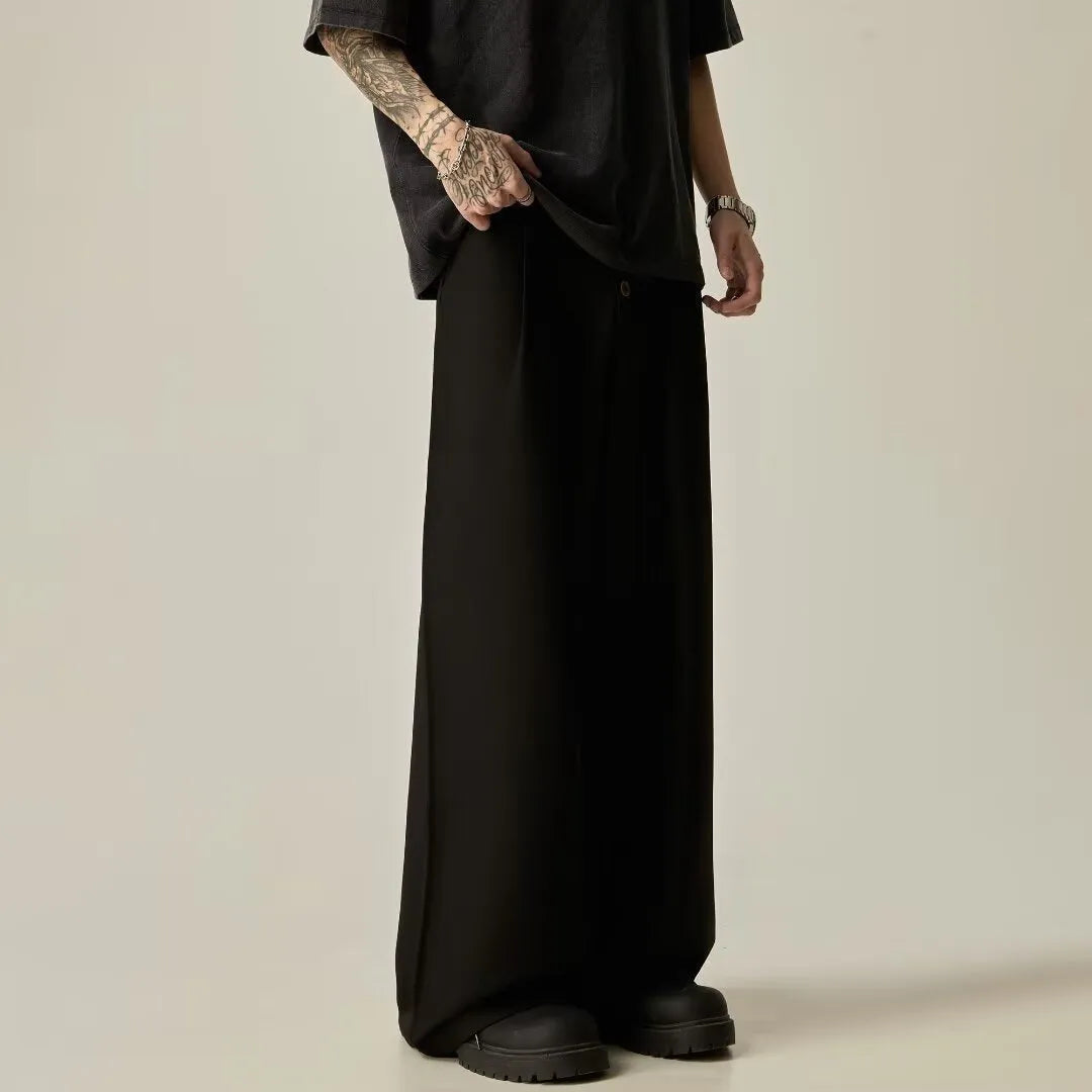 Men's black wide-leg casual trousers with straight-leg design and micro-elastic waist