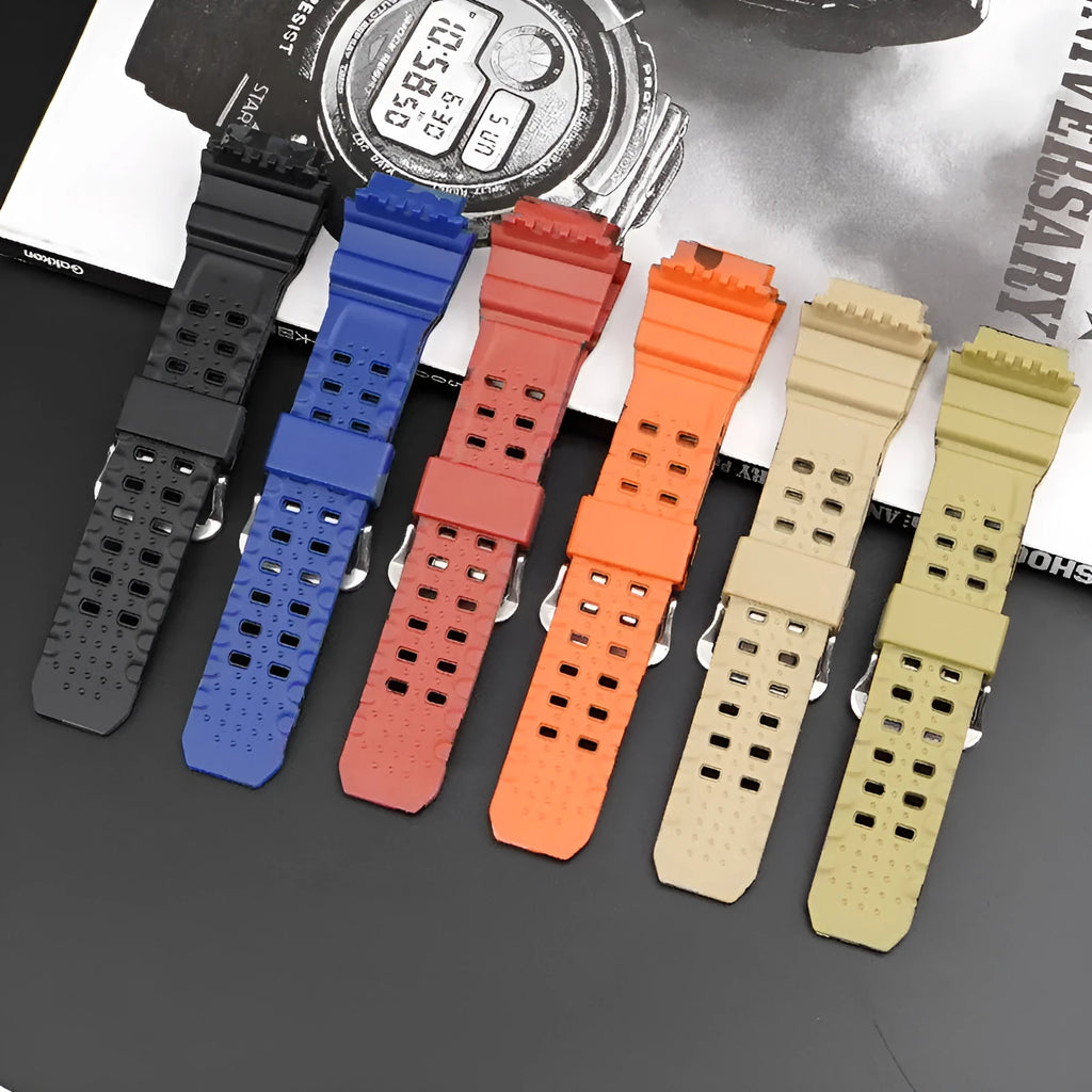 TPU resin watch strap in camouflage pattern with silver buckle, shown detached.