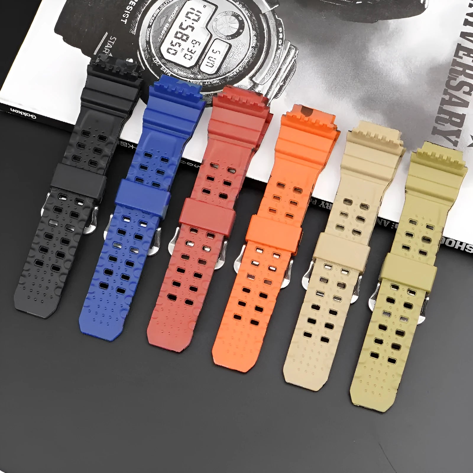 TPU resin watch strap in camouflage pattern with silver buckle, shown detached.