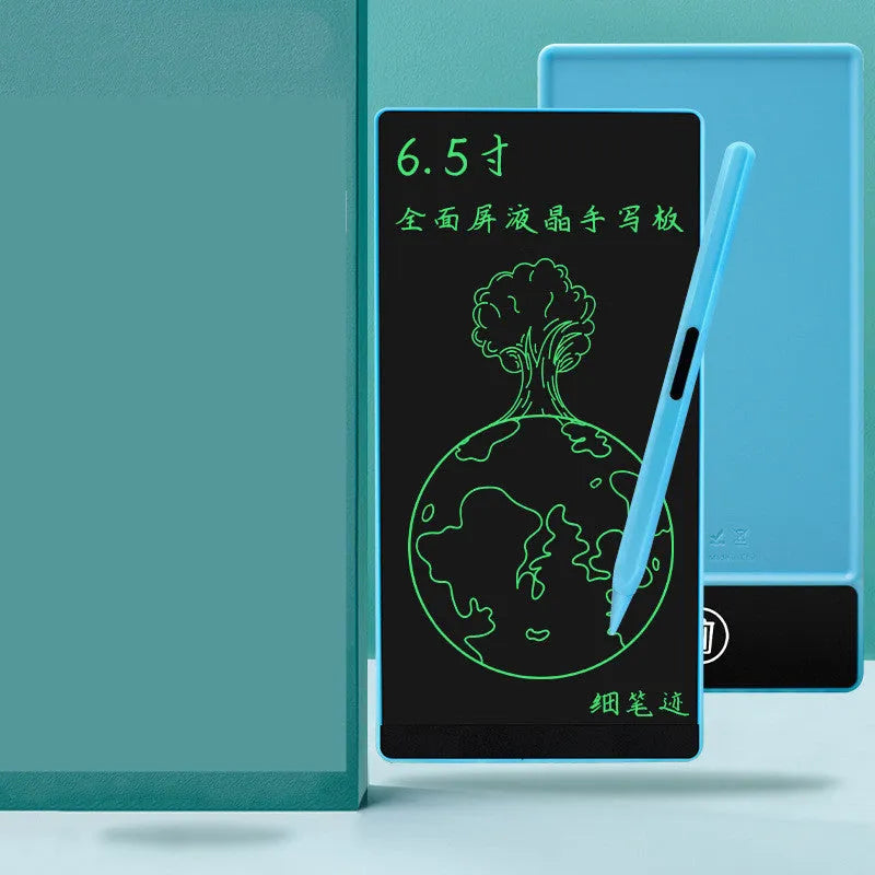Blue LCD writing board with stylus showing handwritten arithmetic on 6.5-inch screen