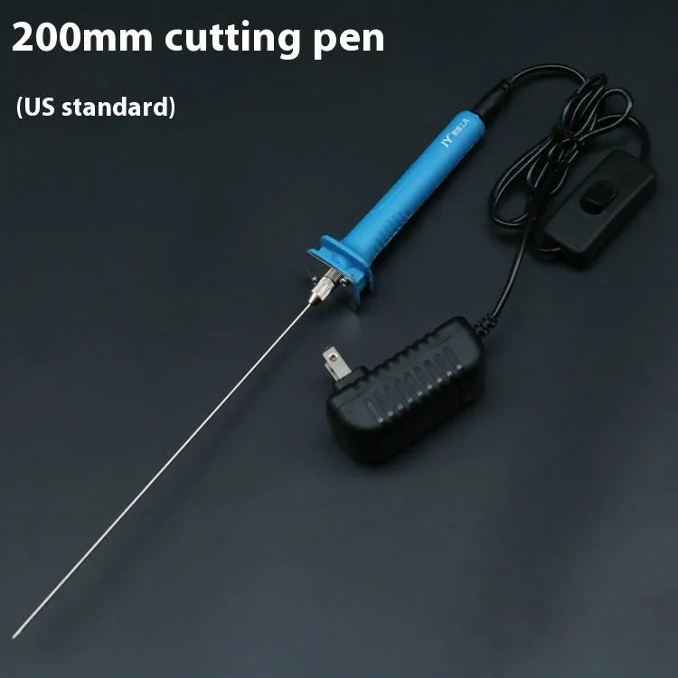Blue electric heating cutter pen with plastic handle for cutting foam and pearl cotton, shown with power adapter.