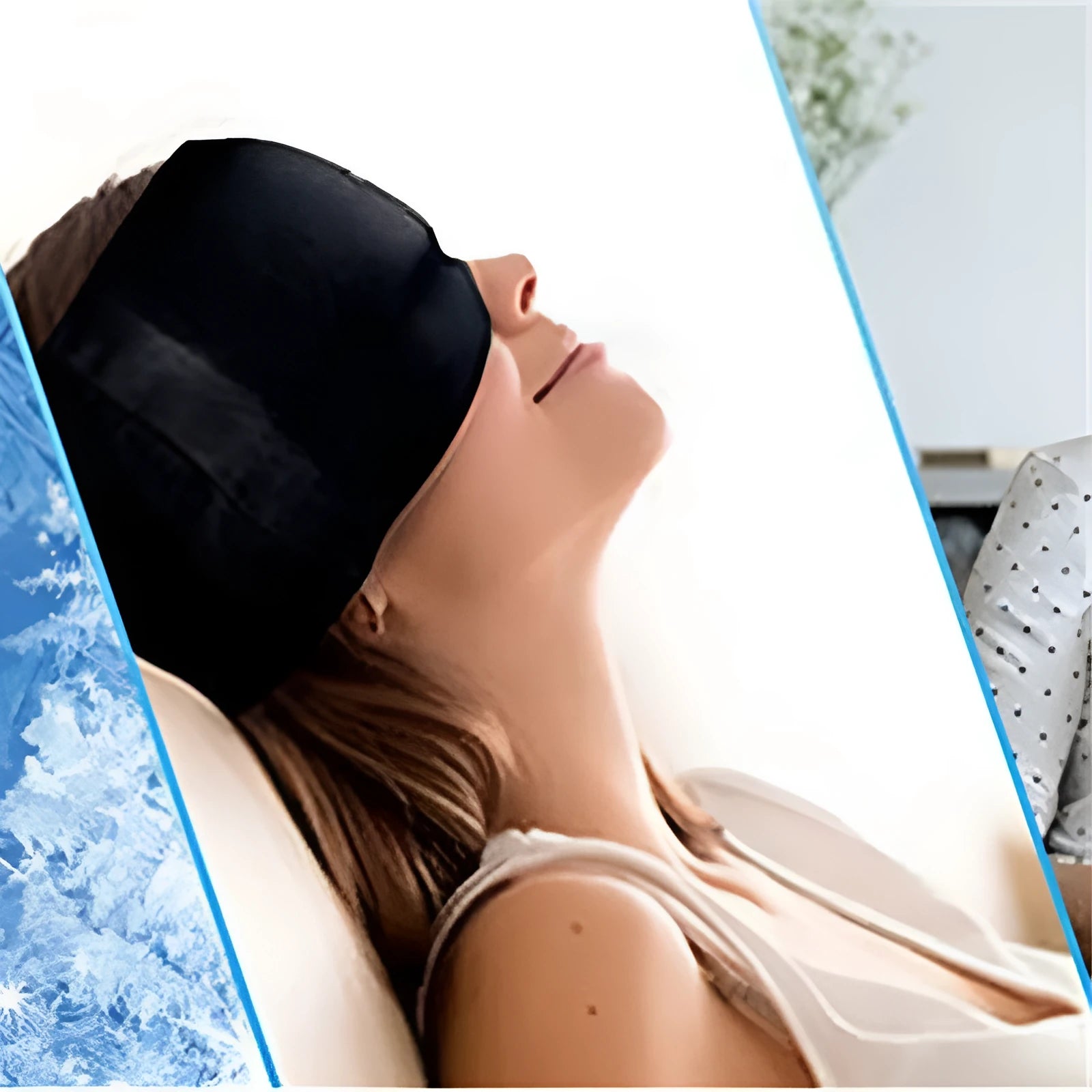 Black elastic gel cold compress eye mask for headache relief with measurements