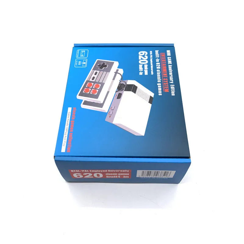 Retro NES game console with two controllers showing compact design and AV connectivity ports