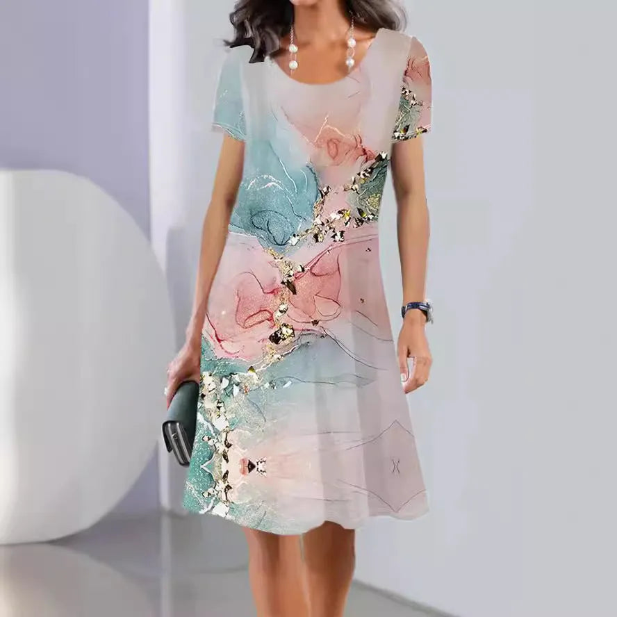 Women's floral print A-line summer dress in ice silk fabric with short sleeves and round neck.
