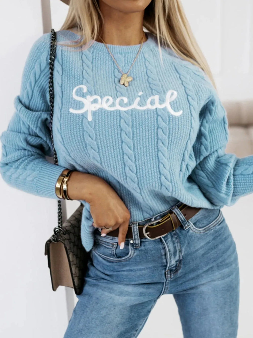 Blue leisure pullover with embroidered letters crew neck street fashion jumper