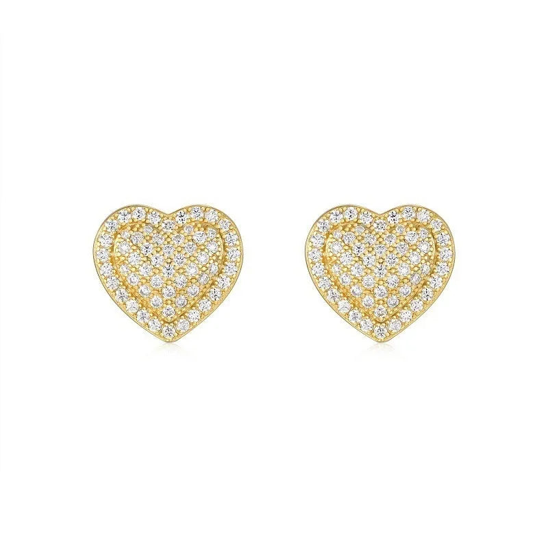 Golden heart-shaped stud earrings with moissanite centre on S925 silver posts
