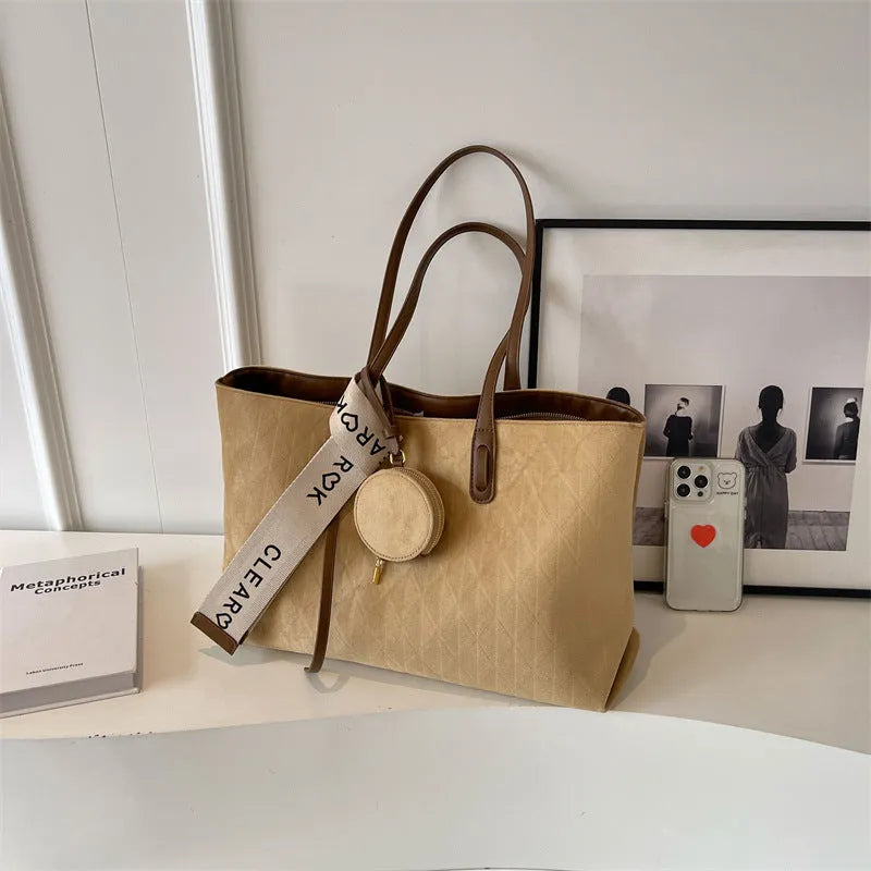 Large soft polyester shoulder tote bag in horizontal square shape with zippered interior pocket