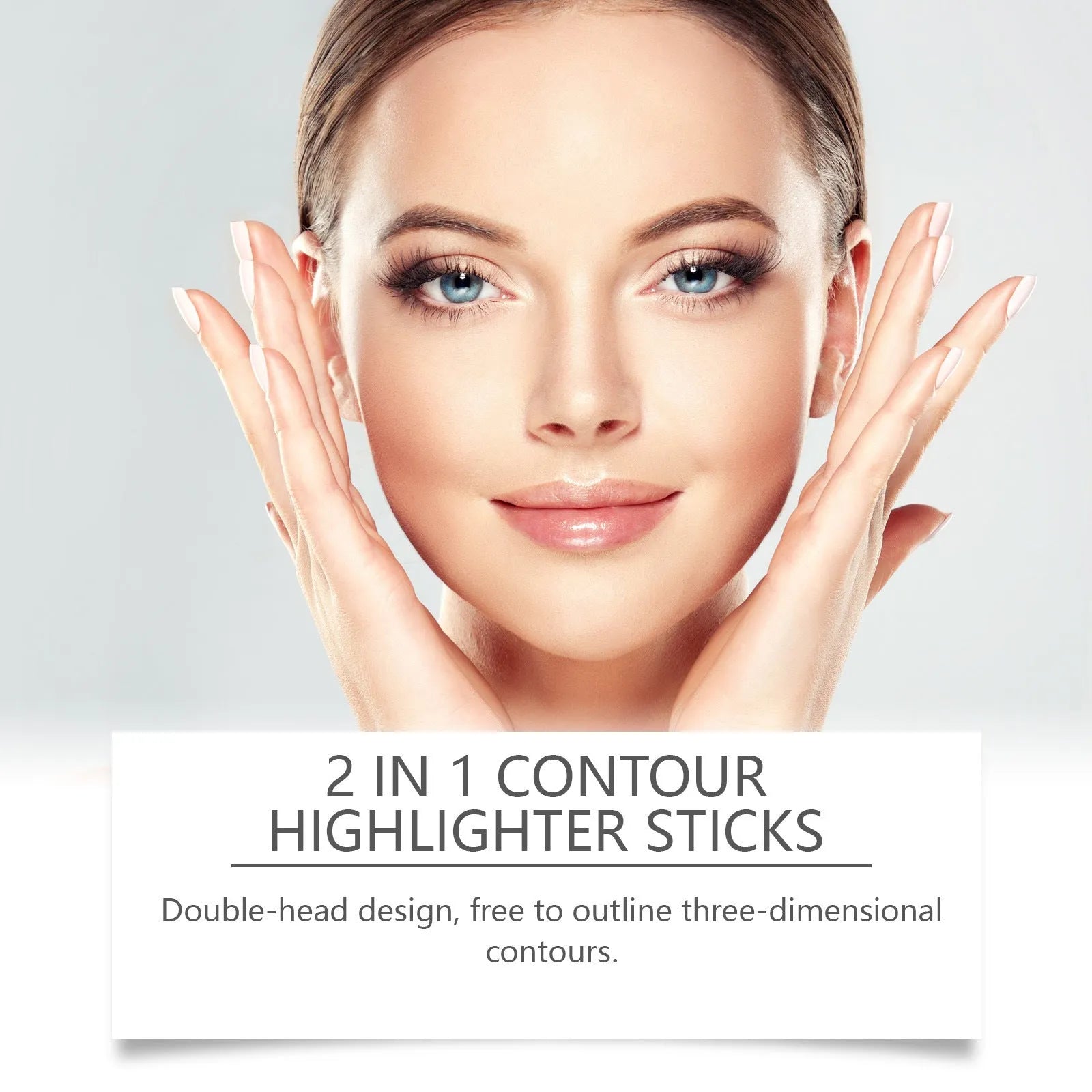 Dual-ended 2-in-1 highlighter pencil for eyebrows and eyeliner in three natural shades.
