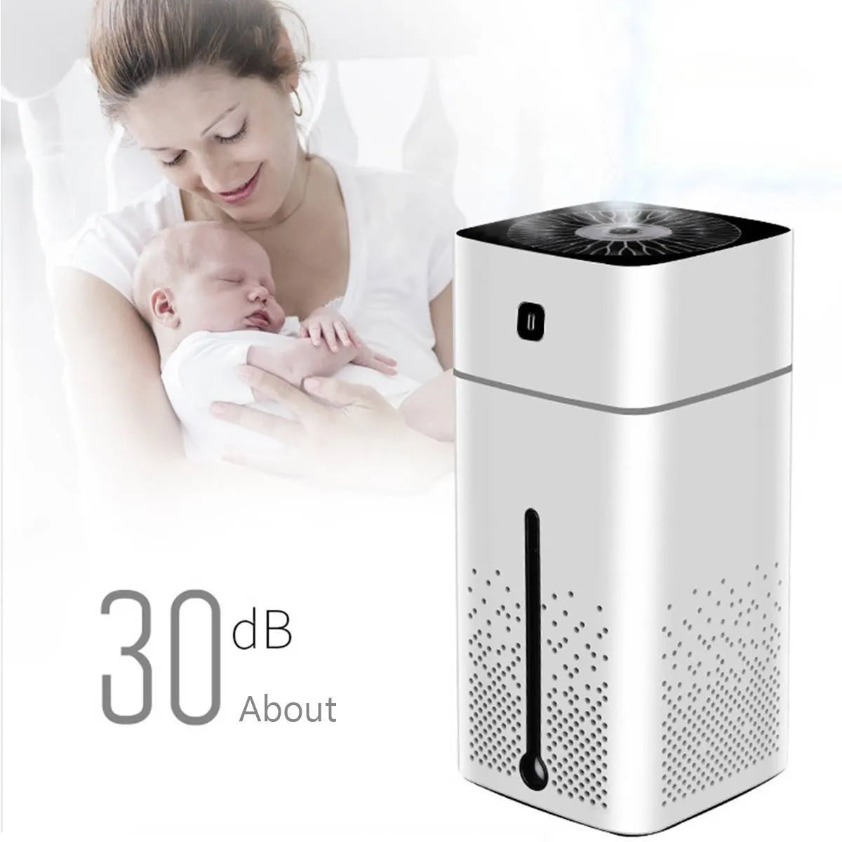 Black and white desktop humidifier with USB power, 1000ml tank, compact size for home office use.