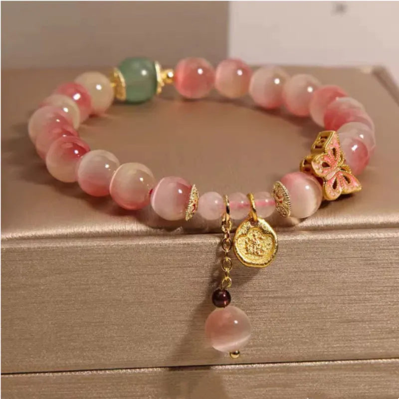 Pink opal butterfly women's bracelet with Chinese design elements