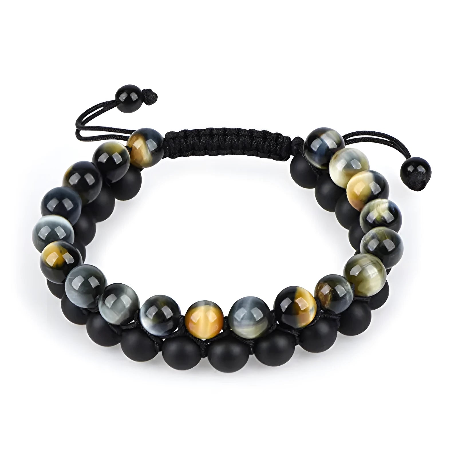 Tiger Eye agate couple bracelets with geometric beads in matte black finish