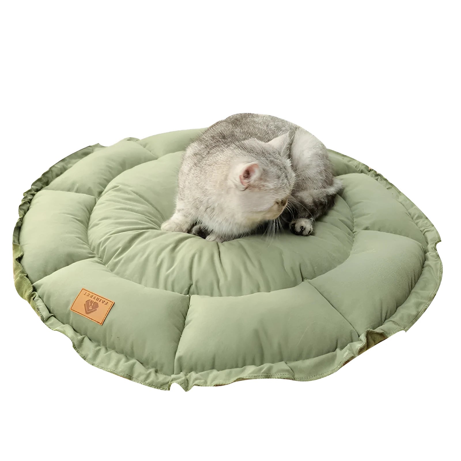 Grey and green reversible donut-shaped cat bed for indoor pets
