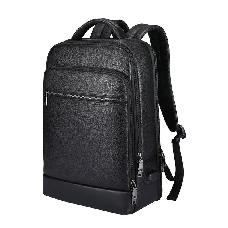 Black genuine leather men's business backpack with curved straps and sewing line detailing