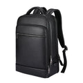 Black genuine leather men's business backpack with curved straps and sewing line detailing