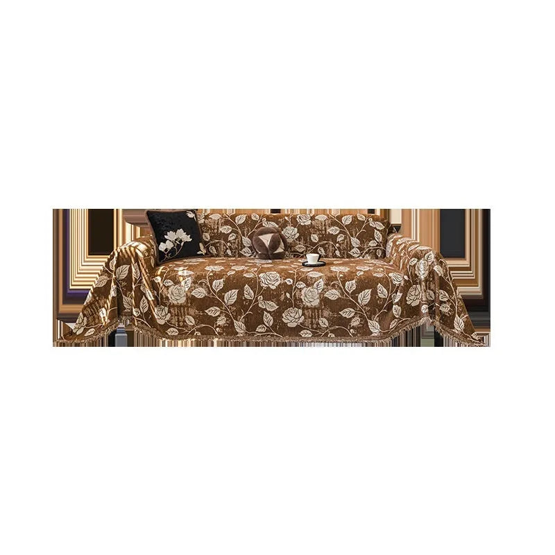 Retro floral chenille sofa cover in beige draped over a sofa, 180cm width, with fabric texture visible