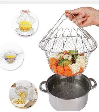 Foldable stainless steel deep fry basket with grid pattern, shown with handle.