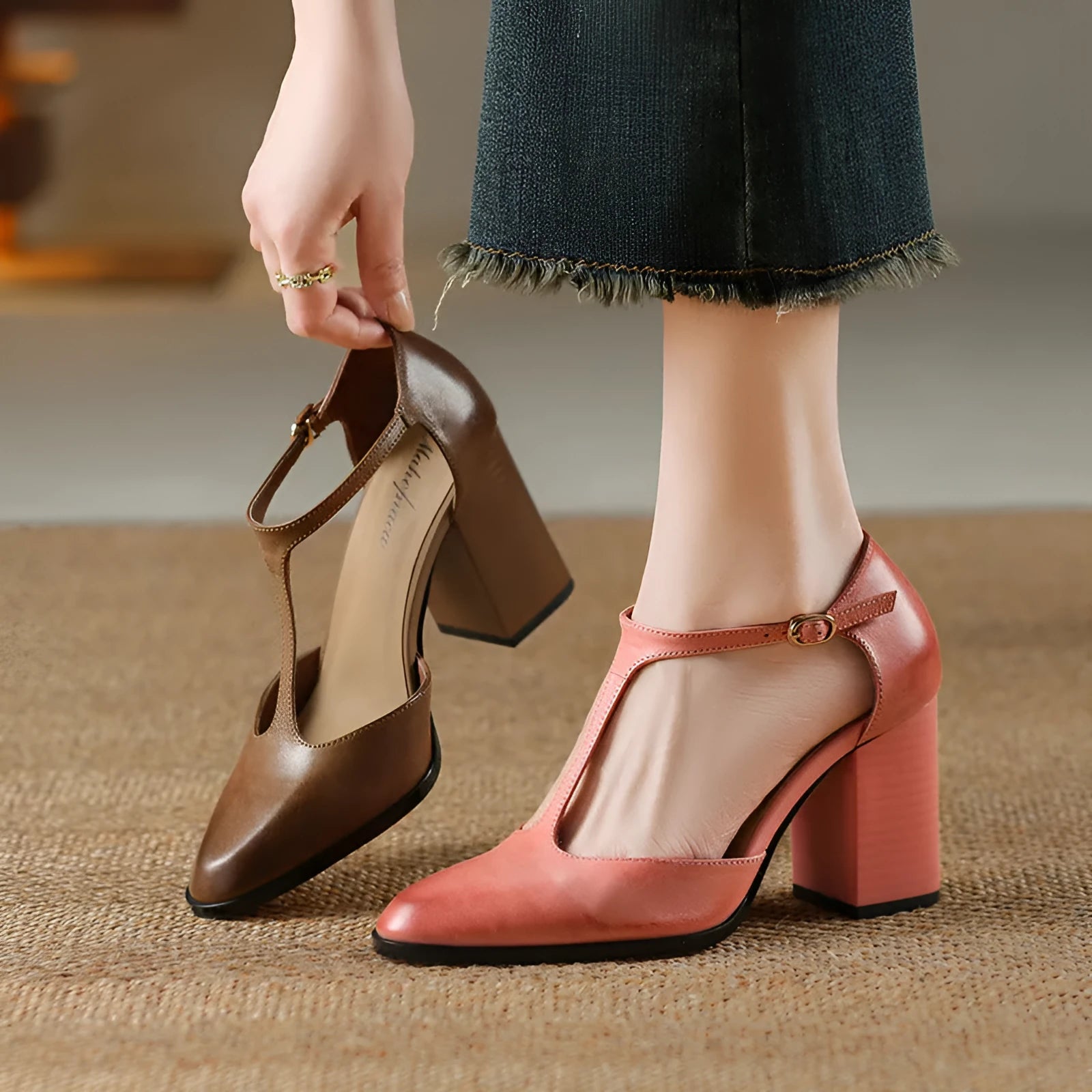 Baotou hollow women's retro pointed Mary Jane shoes in cowhide, showing buckle and hollow vamp design.