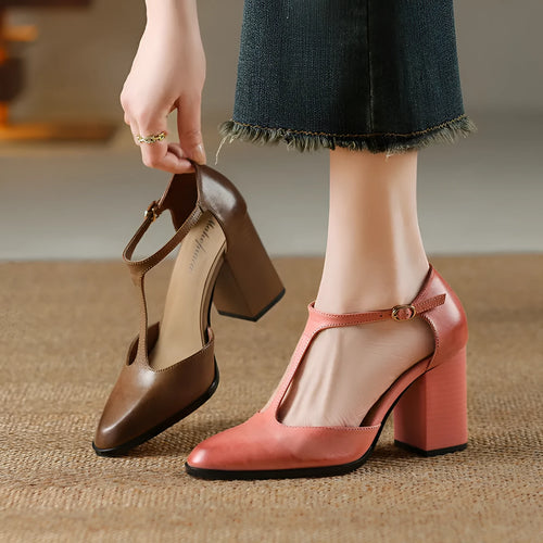 Baotou hollow women's retro pointed Mary Jane shoes in cowhide, showing buckle and hollow vamp design.