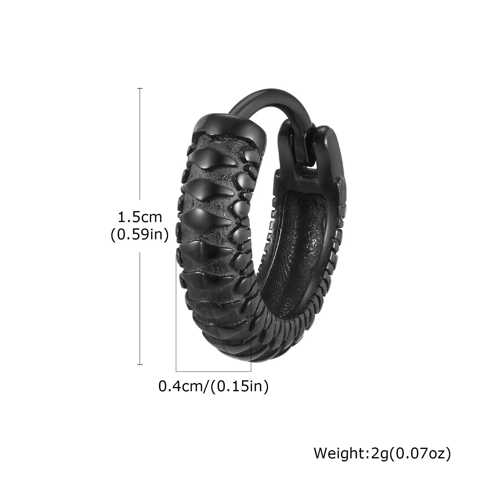 Stainless steel snake pattern hip hop ear ring in black finish showing textured surface