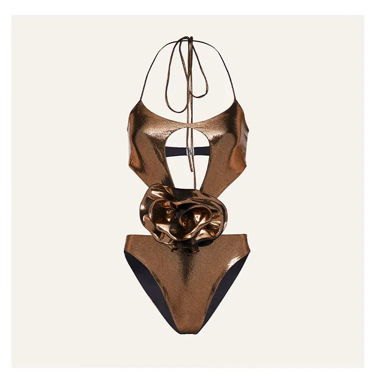 Gold handmade hollow-out halter one-piece swimsuit for swimming and wading sports
