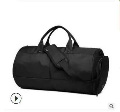 Men's black waterproof canvas gym travel bag with zipper pockets and soft handles