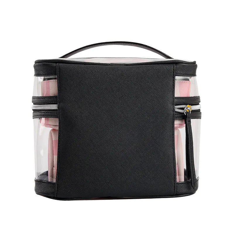 Pink bold stripes buggy bag makeup kit with floral pattern and synthetic leather construction