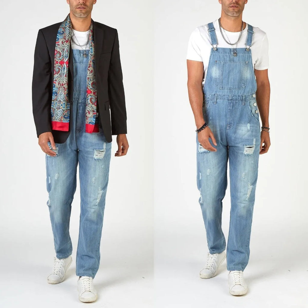 Light blue ripped suspender pants men's jeans with high waist and straight leg design