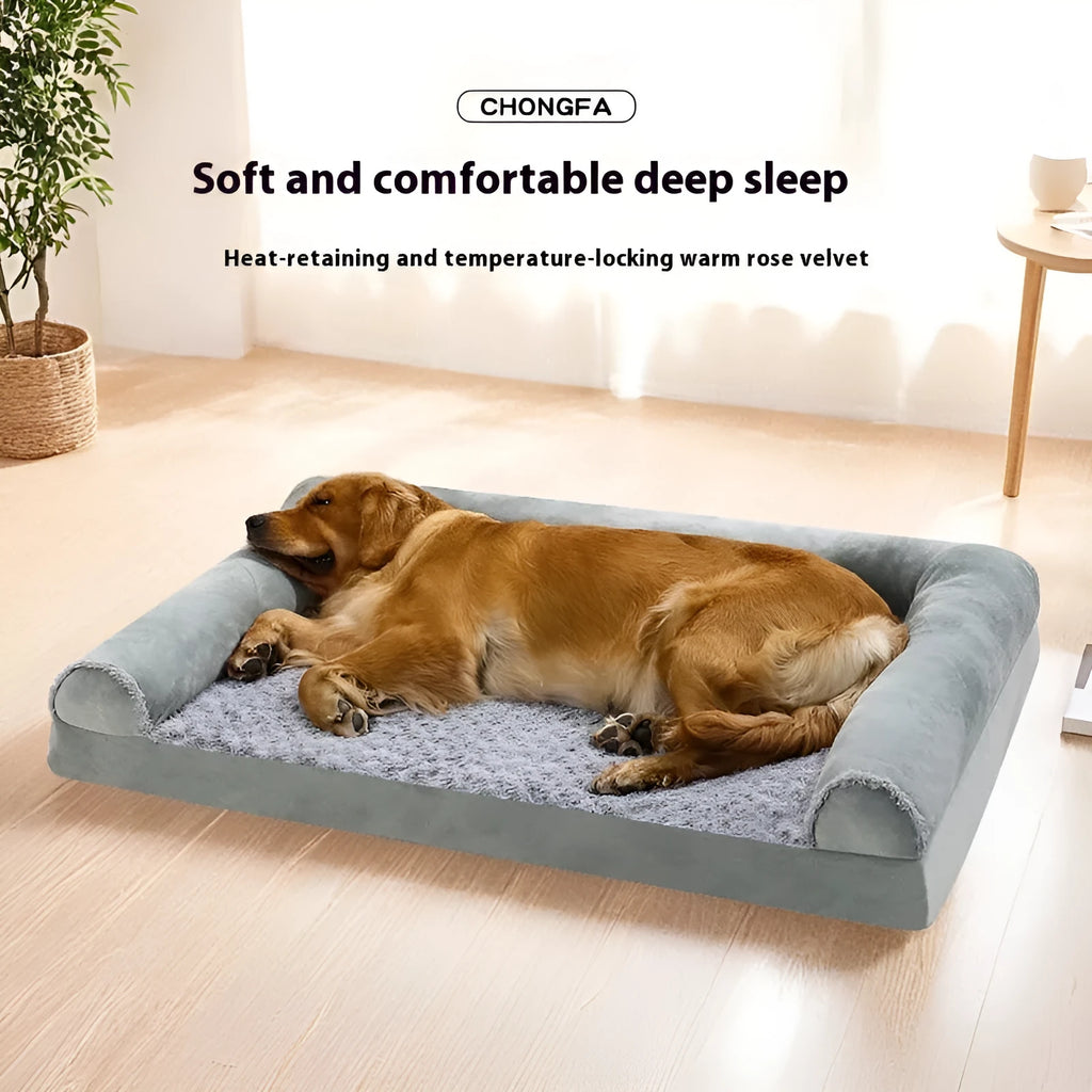 Light grey soft cloth dog kennel with removable mat, shown in a home setting.