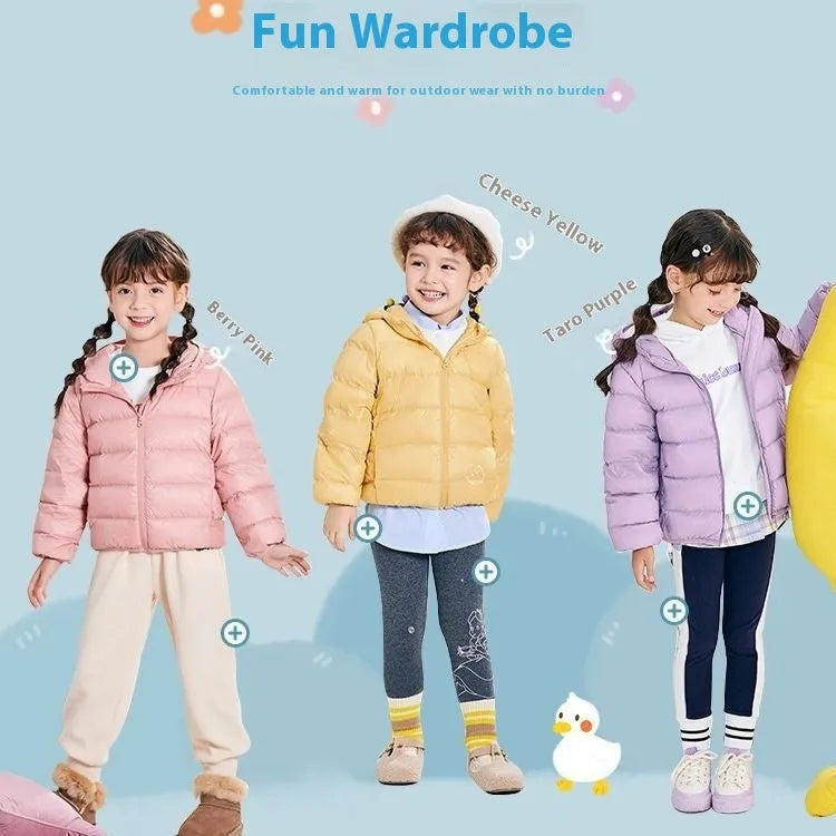 Children's nylon hooded down jacket in solid colour for boys and girls
