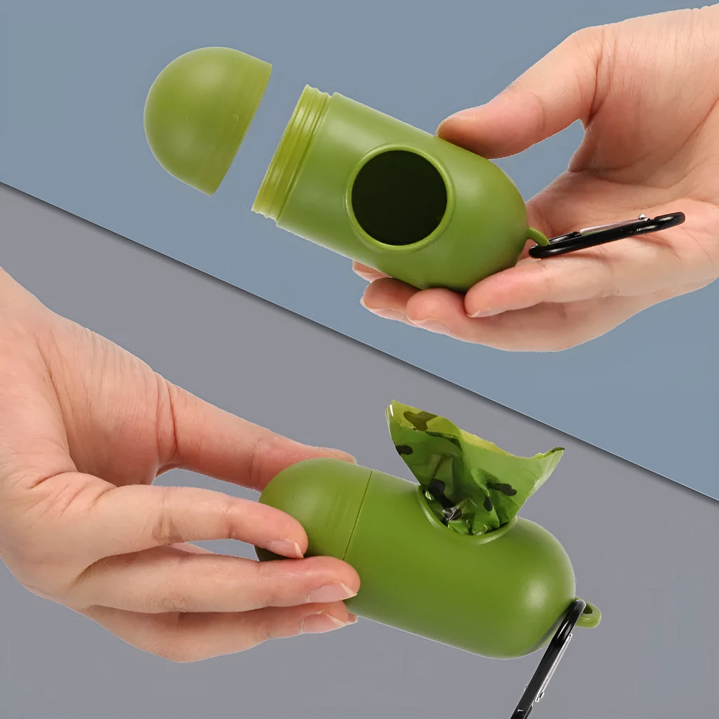 Degradable dog waste bag roll showing military green colour with black bone pattern print