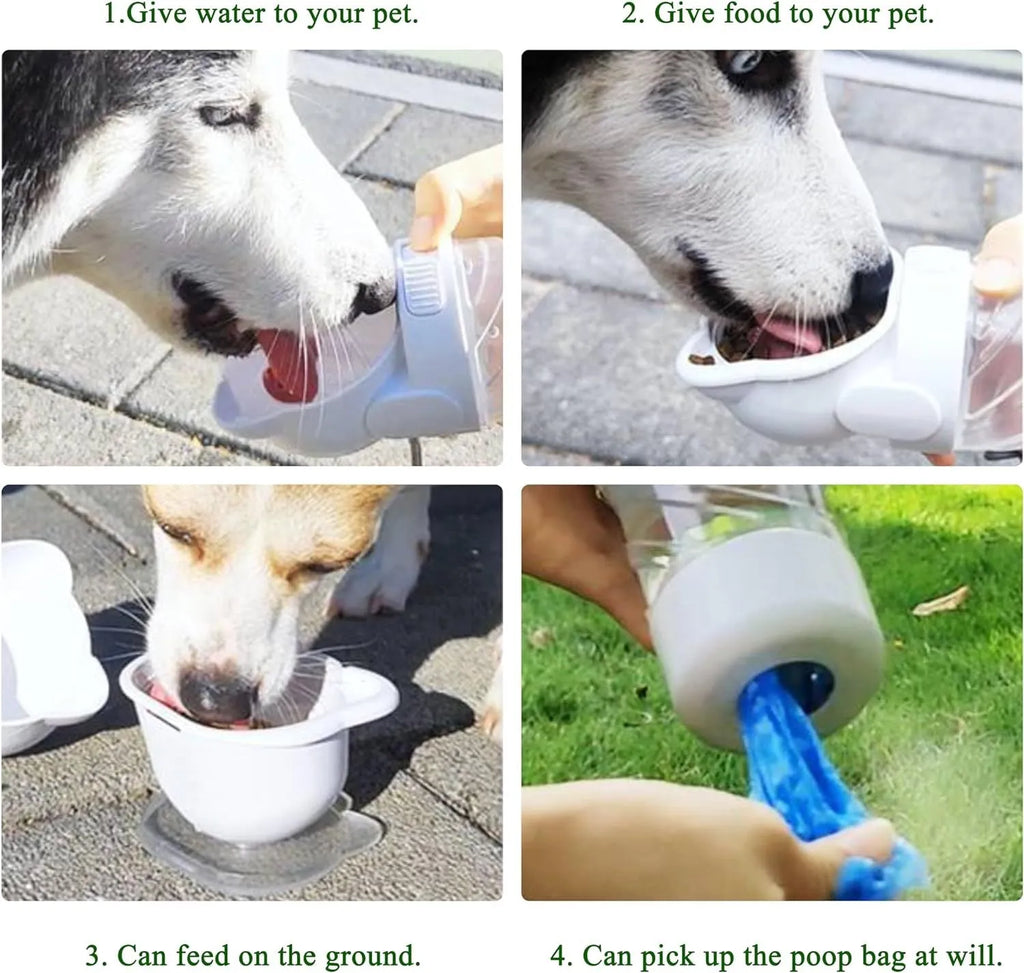 Green 3-in-1 portable pet water bottle with food container and waste bag dispenser on a strap.