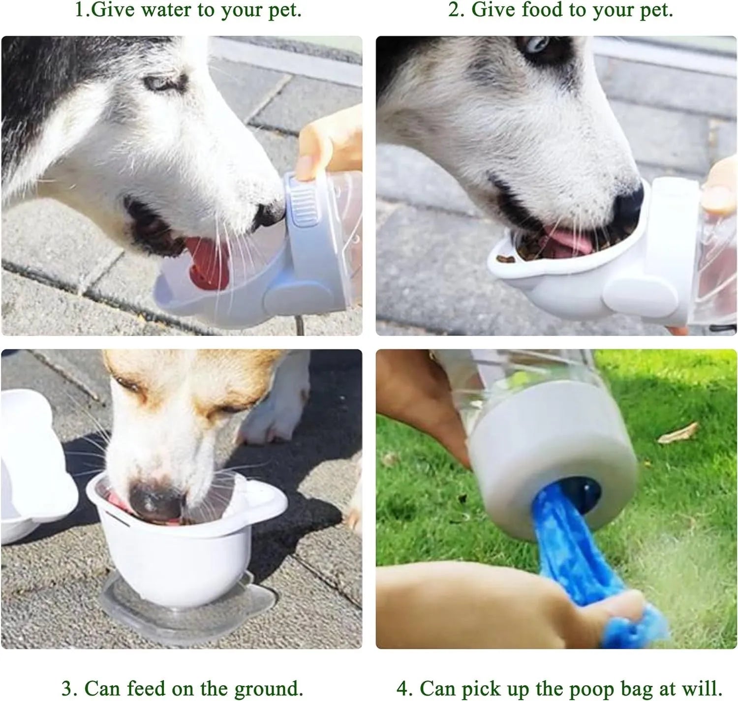 Green 3-in-1 portable pet water bottle with food container and waste bag dispenser on a strap.