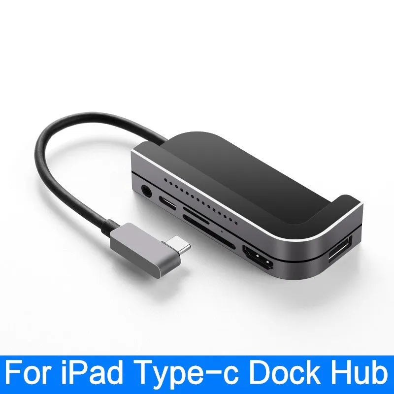 Silver aluminium grey USB-C docking station with 6 ports for iPad Pro 2018 and 2020 models