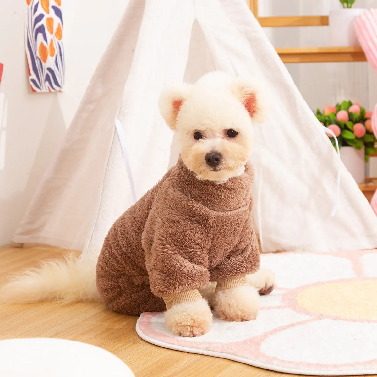 Double-sided thick plush dog coat with high collar in blue colour showing four-legged design and towing ring