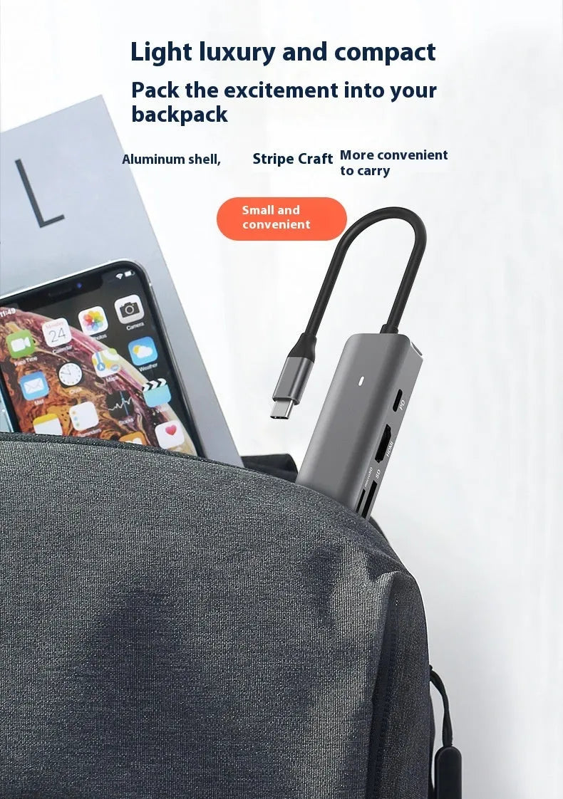 LQT-LH07 7-in-1 USB-C hub with card reader slots and multiple ports on a dark background.