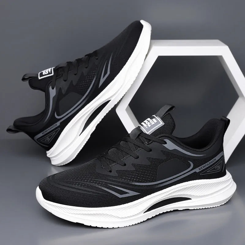 Men's low-top casual shoes in mesh with round toe and rubber sole, shown in black, blue, and grey-green colours.