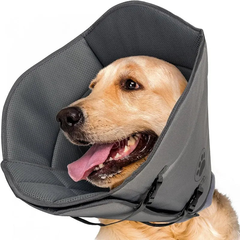 Soft grey adjustable polyester protective collar ring for a dog or cat post-surgery.