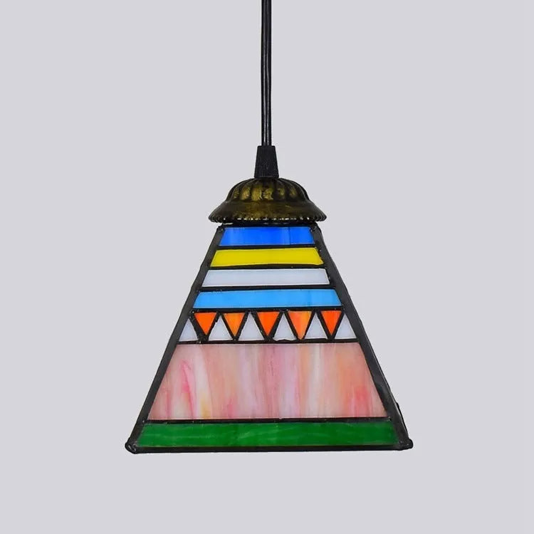Art stained glass small droplight pendant with coloured glass shade and iron fittings