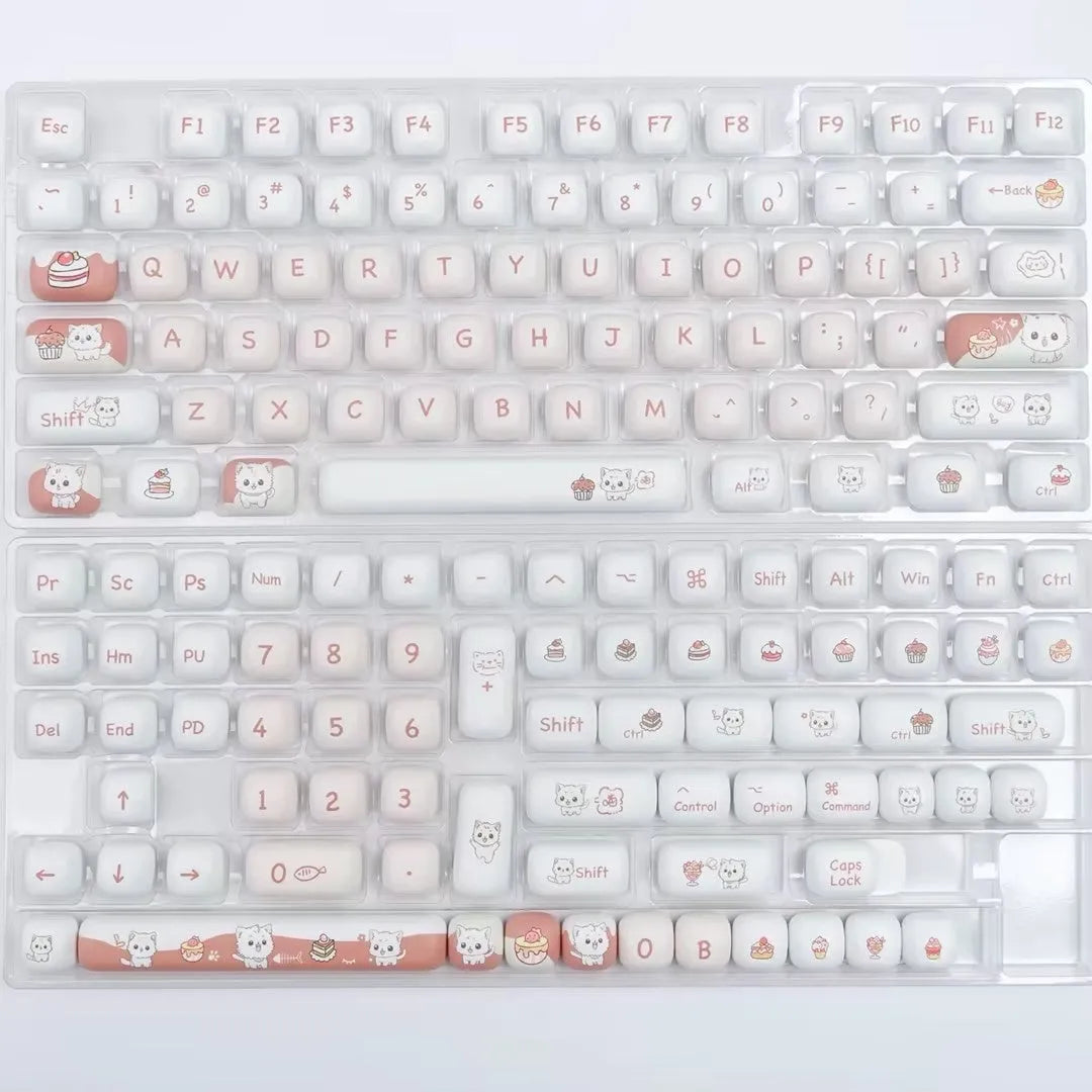 Dessert Cat MOG round sublimation key cap set for mechanical keyboards, shown in cartoon anime design.