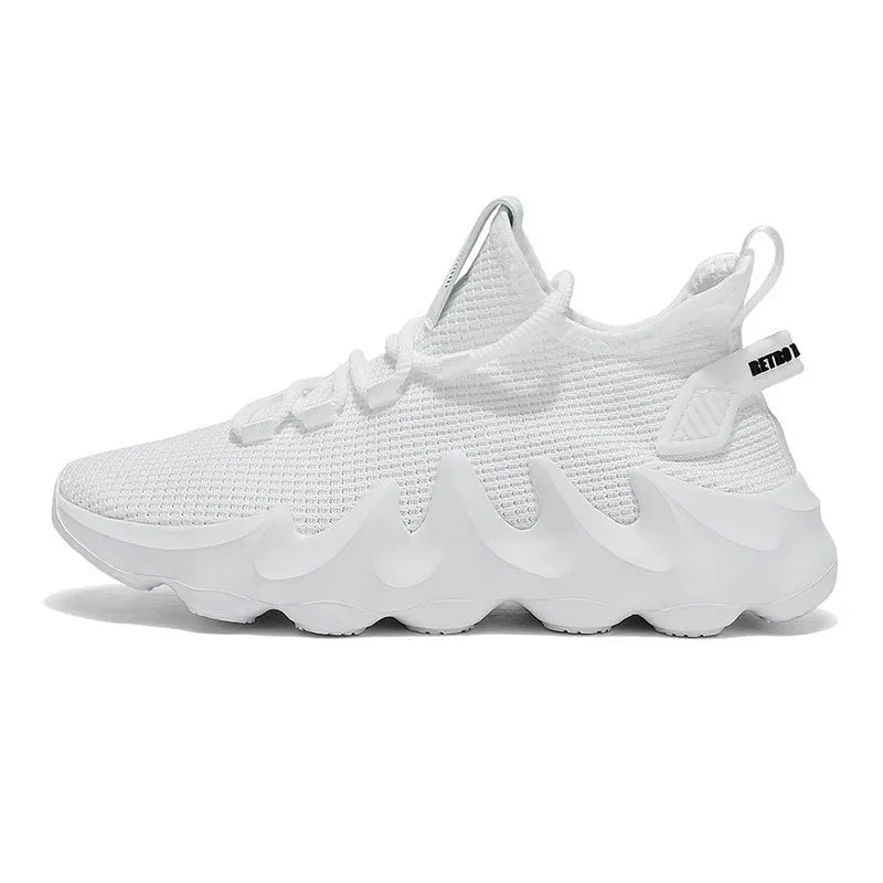 Men's black sock-like low-top lace-up shoes with round toe and flat rubber sole on white background