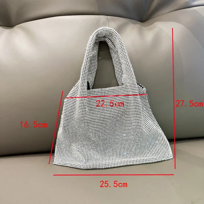 Shiny rhinestone handbag in silver colour, cotton thread construction, open pocket design for evening parties