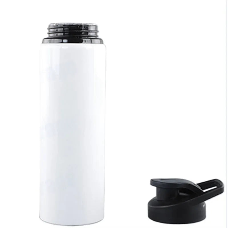 White aluminium sports water bottle with drinking spout shown in 600ml and 750ml capacity options